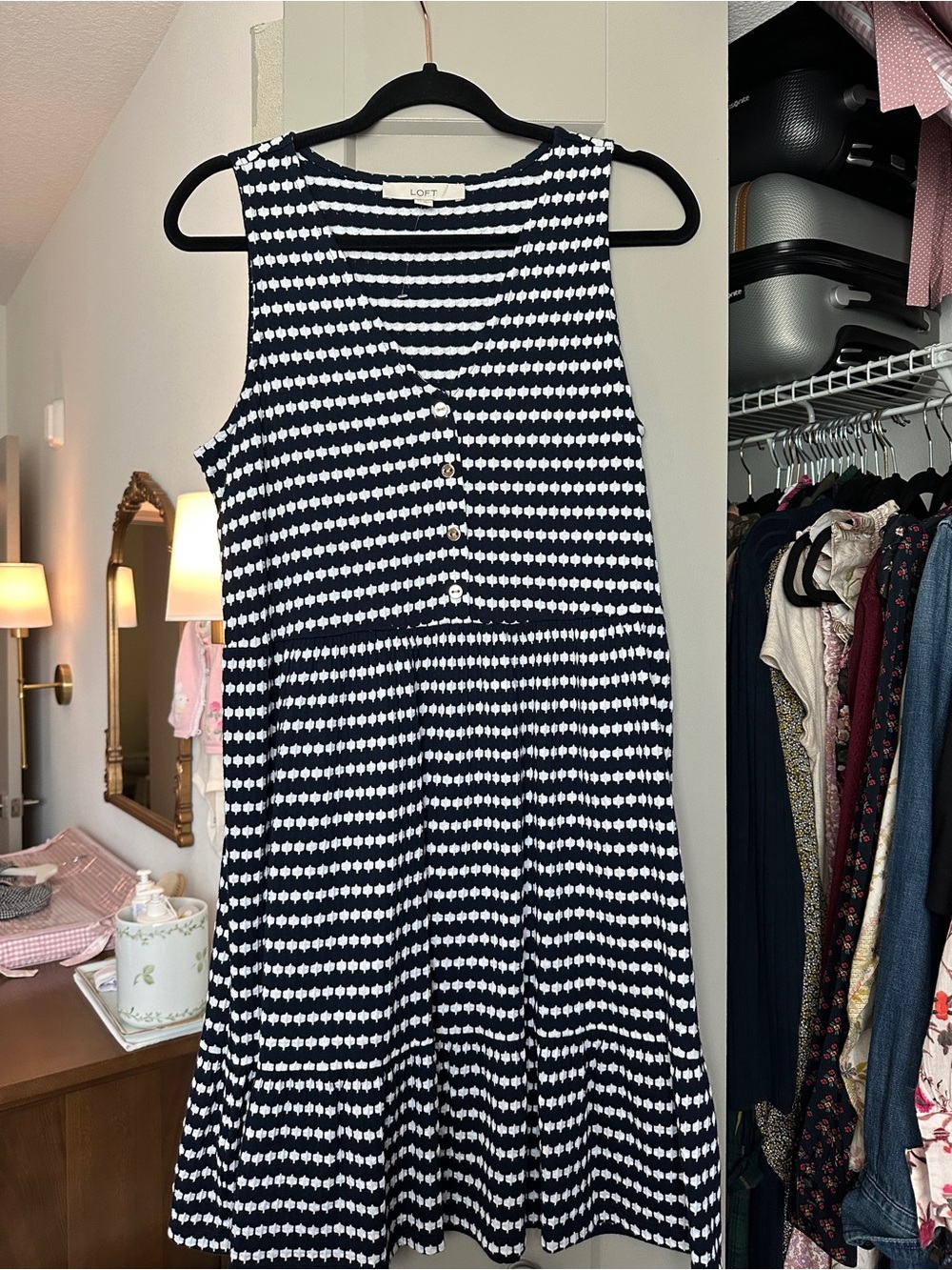 LOFT Navy and White Sleeveless Geometric Stripe Dress